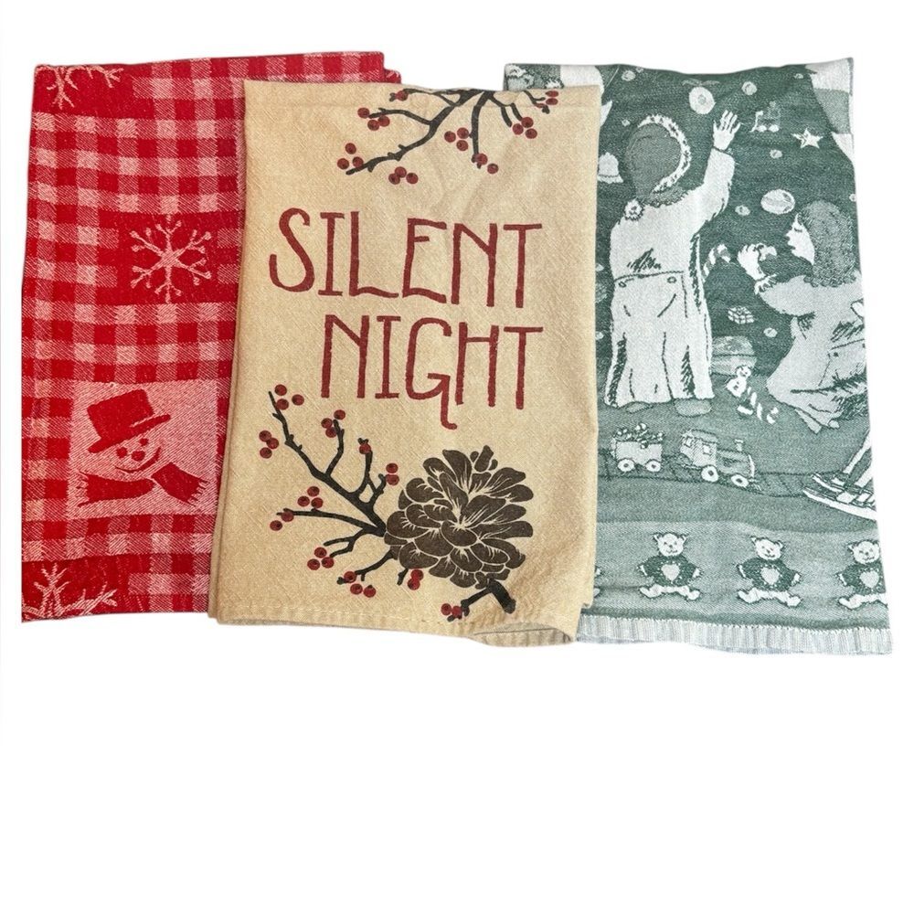 Holiday Kitchen Towels Set of 3 Snowman Christmas Tree Silent Night